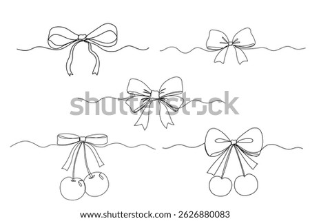 Coquette bow with cherry berry one line illustrations set, vector line drawings on white, doodle ribbon