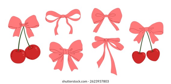 Coquette bow with cherry drawings vintage set, vector flat illustration isolated on white background