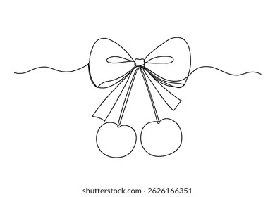 Coquette Bogen mit Kirsche eine Vektorliniengrafik, schwarze Linienzeichnung auf Weiß, niedliches Doodle-Band