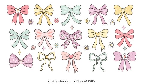 Coquette bow clipart set, Cute ribbon isolated cartoon festive objects. Hand drawn vector illustration in flat style.	