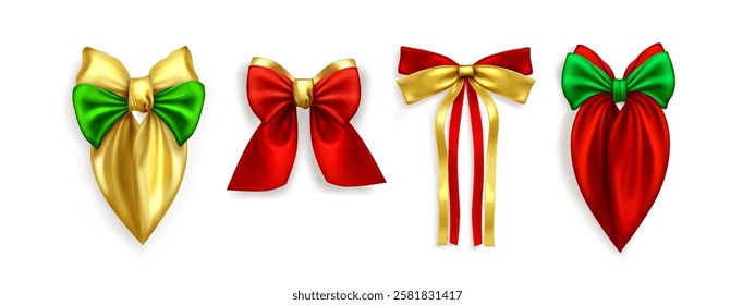 Coquette bow collection in Christmas colors - luxury golden pointed knot, red ribbon loop, festive green decorative elements. Traditional holiday satin accessories with metallic sheen and flowing tail