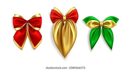 Coquette bow collection in Christmas colors - luxury golden pointed knot, red ribbon loop, festive green decorative elements. Traditional holiday satin accessories with metallic sheen and flowing tail