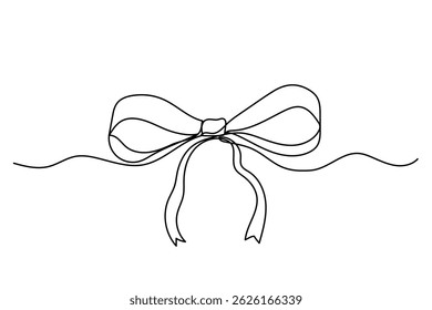 Coquette bow continuous line vector illustration, black drawing on white, cute doodle ribbon