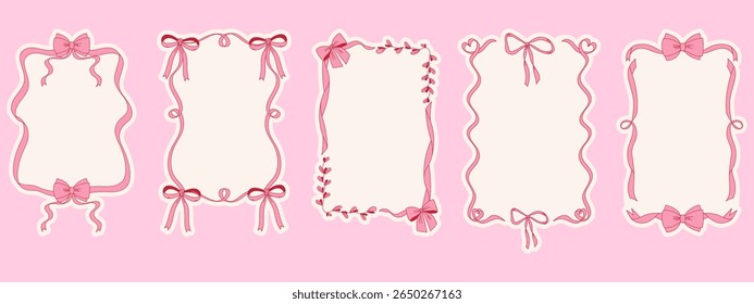 Coquette bow decorative frames set with pink ribbons. Modern hand drawn whimsical borders for invitations and cards.