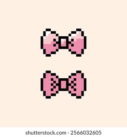 Coquette bow emoji. Bow knot pixel art style icon. Vintage retro sticker. Editable pixel vector illustration. Cute badge in pink. Game abstract element. Y2k modern geometric shape for collage, poster