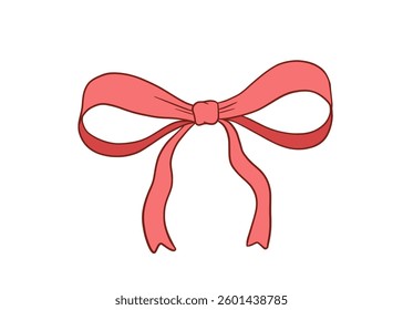 Coquette bow flat drawing, vector outline illustration isolated on white, cute red ribbon