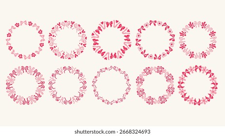 Conjunto De Quadros De Arco De Coquette. Bordas circulares rosa e vermelho desenhadas à mão com formas de coração e flor. Coleção de grinalda redonda romântica para o projeto do convite do cartão de fazer o casamento. Ilustração vetorial
