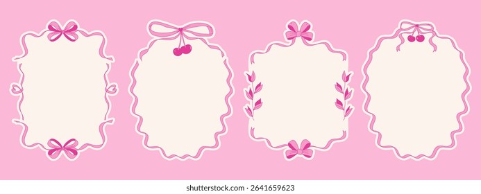 Coquette bow frames. Hand drawn whimsical borders on pink background