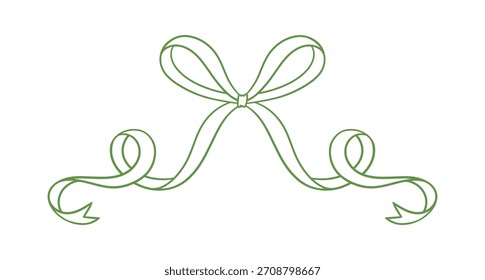 Coquette bow green, thin line drawing. Hand drawn illustration of whimsical tied ribbon. Wedding, birthday gift sketch in retro style. Cute girly vector illustration. Doodle lace.