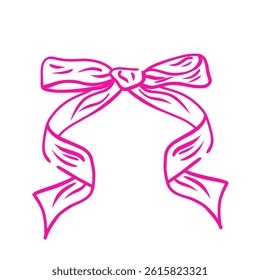 Coquette bow. Hand drawn vintage girly decor. Aesthetic elegant girly pink bow. Trendy element for Valentine day and wedding, christmas.