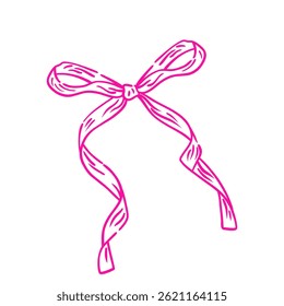 Coquette bow. Hand drawn vintage girly decor. Aesthetic elegant girly pink bow. Trendy element for Valentine day and wedding, christmas.