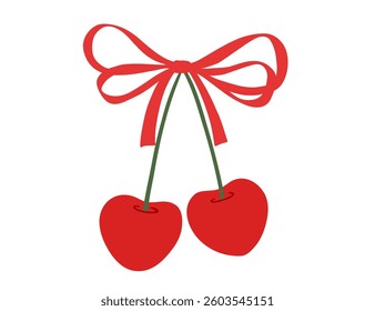 Coquette bow and hearts cherry drawing, vector flat illustration isolated on white, red ribbon and fruit