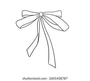 Coquette bow line drawing, vector outline illustration isolated on white, cute doodle ribbon