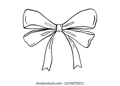 Coquette bow line drawing, vector outline illustration isolated on white, cute sketch