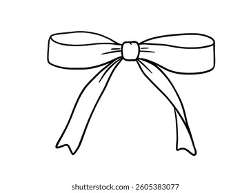 Coquette bow line sketch, vector black line drawing on white, cute doodle ribbon