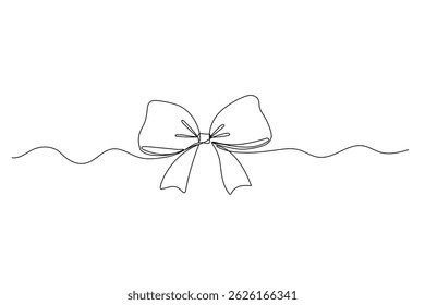 Coquette bow one line vector illustration, black line drawing on white, cute doodle ribbon