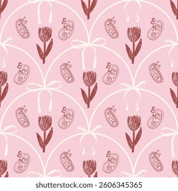 Coquette bow paisley seamless pattern. Scallop floral ornament endless background. Tulip flower with ribbon girly repeat cover. Vector pink continuous ornament. Surface pattern design paisley motif.