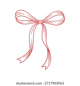 Coquette bow red, thin line drawing. Hand drawn illustration of vintage tied ribbon. Wedding, birthday gift sketch in retro style. Cute girly hairstyle accessories, vector illustration. Doodle lace.