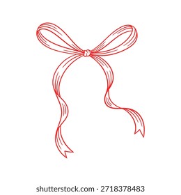 Coquette bow red, thin line drawing. Hand drawn illustration of vintage tied ribbon. Wedding, birthday gift sketch in retro style. Cute girly vector illustration. Doodle lace.