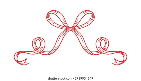 Coquette bow red, thin line drawing. Hand drawn illustration of whimsical tied ribbon. Wedding, birthday gift sketch in retro style. Cute girly vector illustration. Doodle lace.