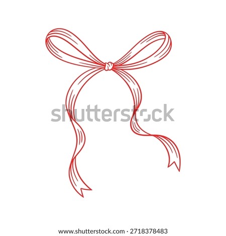 Coquette bow red, thin line drawing. Hand drawn illustration of vintage tied ribbon. Wedding, birthday gift sketch in retro style. Cute girly vector illustration. Doodle lace.