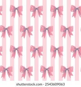 Coquette Bow Ribbon Seamless Pattern on Striped Background. Featuring delicate bow ribbons paired with soft, classic stripes. Feminine and playful aesthetic.