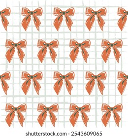 Coquette Bow Ribbon Seamless Pattern on Grid Background. Combines delicate bows with a subtle grid background, Chic and coquette-inspired pattern for youthful and feminine vibe.