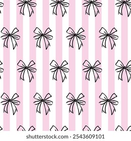 Coquette Bow Ribbon Seamless Pattern on Striped Background. Featuring delicate bow ribbons paired with soft, classic stripes. Feminine and playful aesthetic.