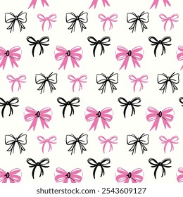 Coquette Bow Ribbon Seamless Pattern Background Vintage Bow and Hand-Drawn Ribbon Design. Unique vector print combines classic bows with delicate, sketch-style ribbon elements.