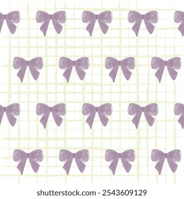 Coquette Bow Ribbon Seamless Pattern on Grid Background. Combines delicate bows with a subtle grid background, Chic and coquette-inspired pattern for youthful and feminine vibe.