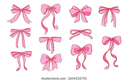 Coquette bow and ribbon vector set in pretty pink. Cute vintage doodles with lace details for Valentine s gifts, wedding accessories, and girly designs. Flirtatious Y2K aesthetic bows.