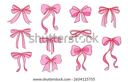 Coquette bow and ribbon vector set in pretty pink. Cute vintage doodles with lace details for Valentine s gifts, wedding accessories, and girly designs. Flirtatious Y2K aesthetic bows.