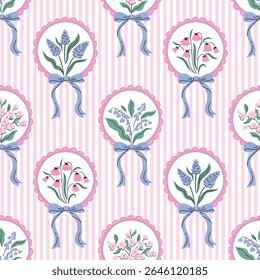  Coquette bow seamless pattern. Circle vintage floral frames on striped background. vector botanical seamless fabric or wallpaper print. 