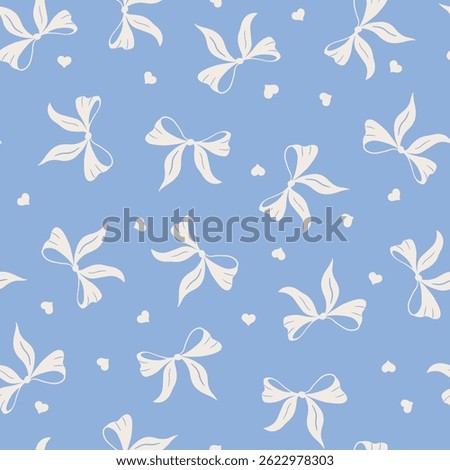 Coquette Bow Toss Seamless Vector Pattern, Cute Cream White Hand Drawn Tied Ribbons on Pastel Blue