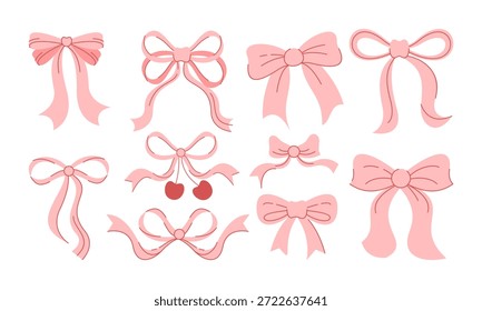 Coquette Bow Vector Set Hand Drawn Illustration in Soft Pastel Colors