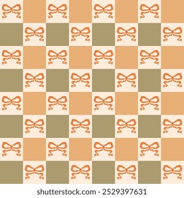 Coquette bows checkered seamless pattern. Vector hand drawn ribbon background in green and yellow colors. Autumn design for fashion, fabric, textile, wallpaper, wrapping paper, print.