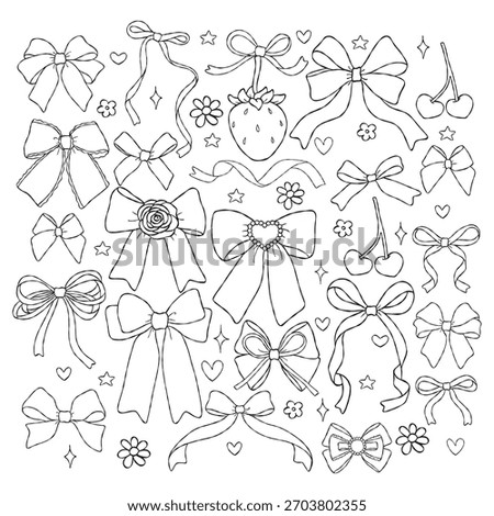 Coquette Bows Collection Outline Vector, Hand Drawn Ribbon Bows Line Art Doodle, Trendy Preppy Girly Bows Coloring Page Hand Drawn Design