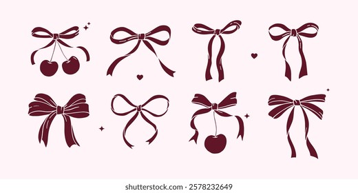 Coquette bows drawing. Red vintage ribbon clipart. Vector hand-drawn Bow with Cherry silhouette. Rococo trendy isolated elements