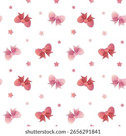 Coquette bows festive seamless pattern. Cute vector illustration of pink and red tied ribbons in pastel style and soft gradient. Perfect for fabric design, backgrounds, wallpaper or wrapping paper.