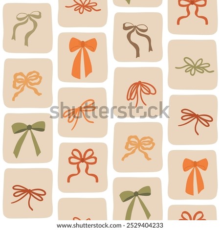 Coquette bows geometric seamless pattern. Vector hand drawn ribbon background in green and yellow colors. Autumn design for fashion, fabric, textile, wallpaper, wrapping paper, print.