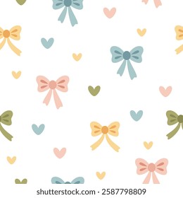 Coquette bows and hearts seamless pattern. Retro groovy girly pattern in flat style, perfect for scrapbook paper, decor, prints, background, fabric.