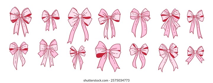 Coquette bows for packaging decor set. Coquettish ribbons collection for Valentine's day gift. Holiday childish accessories. Vector contour hand drawn illustration.
