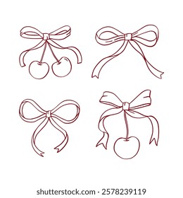 Coquette Bows Rote Vintage Linie Clipart. Vektor handgezeichnete Schleife mit Kirschdoodles. Rokoko trendy einzelne Elemente