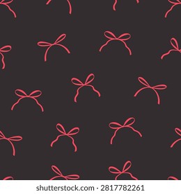 Coquette bows seamless pattern, black background. Charming tied ribbon illustration, red silhouettes. Perfect for fashion textiles, Christmas wrapping, girly projects, or birthday gifts.