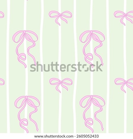 Coquette Bows seamless pattern. Pastel Pink Ribbon Bow and White Lines. Pretty Girly bows on green background. Trendy feminine romantic template for greeting cards, wrapping. Vector Illustration.