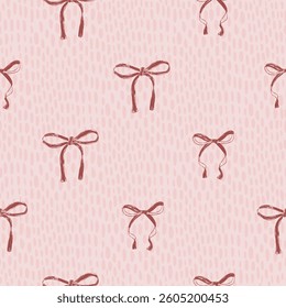 Coquette bows seamless pattern. Retro bowknotes girly endless background. gift ribbons repeat cover. Party crayon drawn continuous ornament.Vector hand drawn illustration.