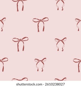 Coquette bows seamless pattern. Retro bowknotes girly endless background. gift ribbons repeat cover. Party crayon drawn continuous ornament.Vector hand drawn illustration.