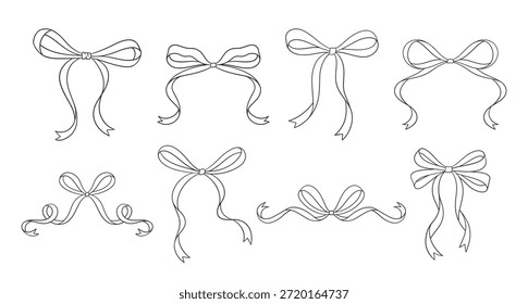 Coquette bows set. Black thin line drawings. Hand drawn simple vintage tied ribbon. Wedding, birthday gift sketch in retro style. Cute girly hairstyle accessories, vector illustration. Doodle lace.