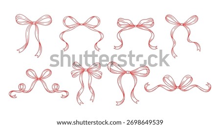 Coquette bows set. Red line art drawings. Sketches a vintage tied ribbon. Birthday, Christmas, Valentine's gift in retro style. Cute girly hairstyle accessories, vector illustration. Doodle lace.