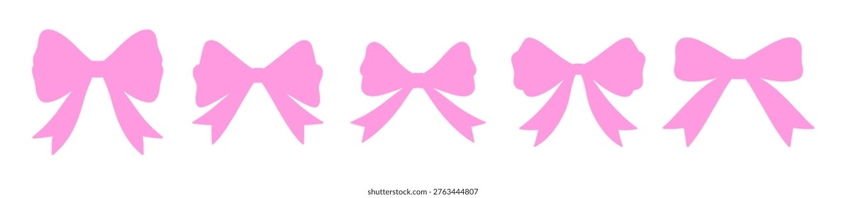 Coquette bows set, silhouettes. Charming pink tied ribbons, hand drawn illustration. Ideal for birthday, wedding, Valentine's gift in vintage style, baby shower decoration, girl romantic design.